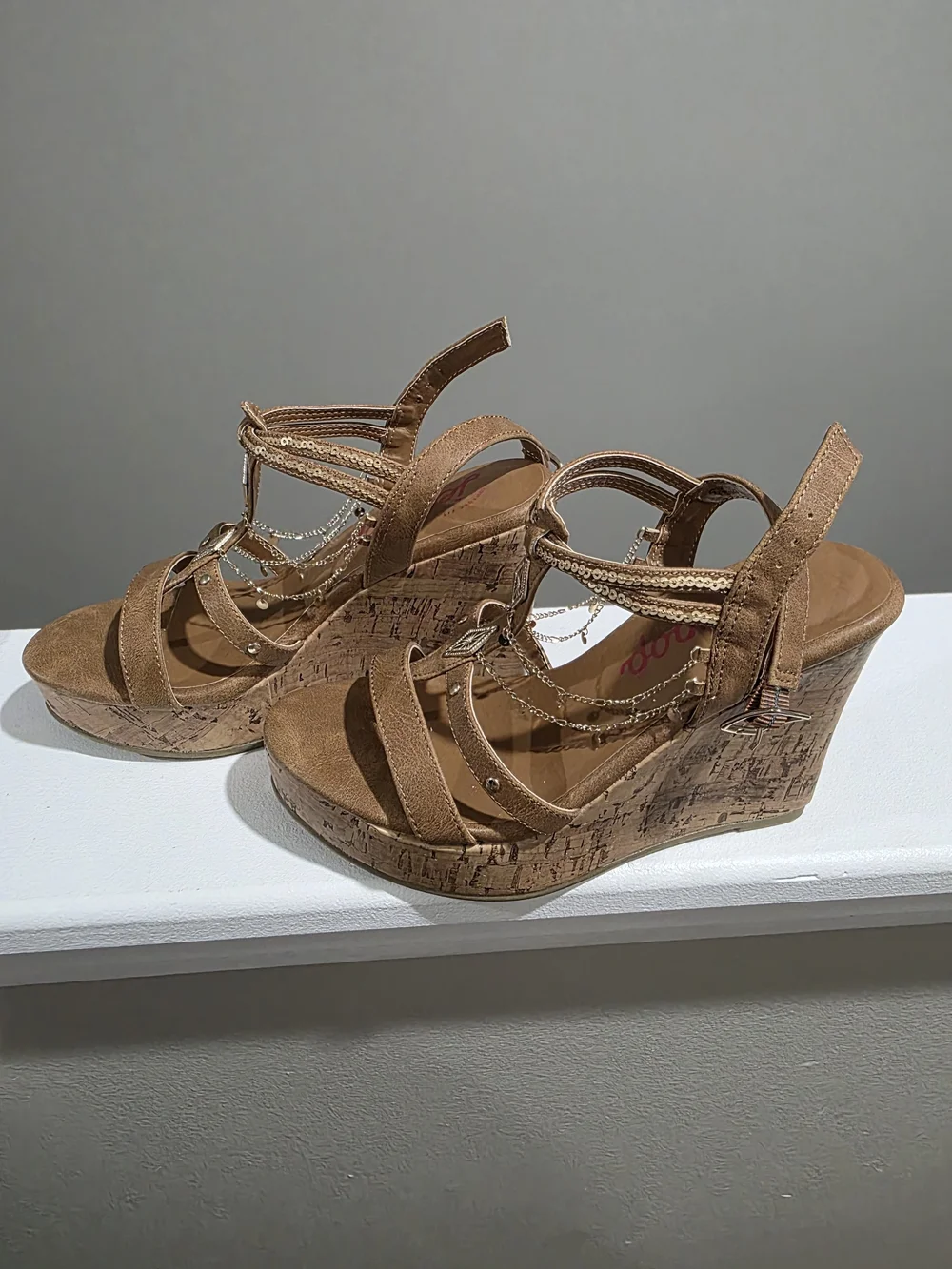 Jellypop Brown Wedge Sandals with Chain & Gem Accents